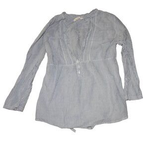 HOLLISTER women's small 100% cotton blue & white sheer striped v-neck blouse